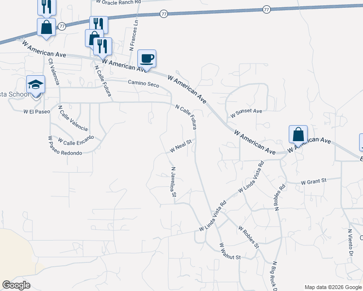map of restaurants, bars, coffee shops, grocery stores, and more near West Neal Street in Oracle