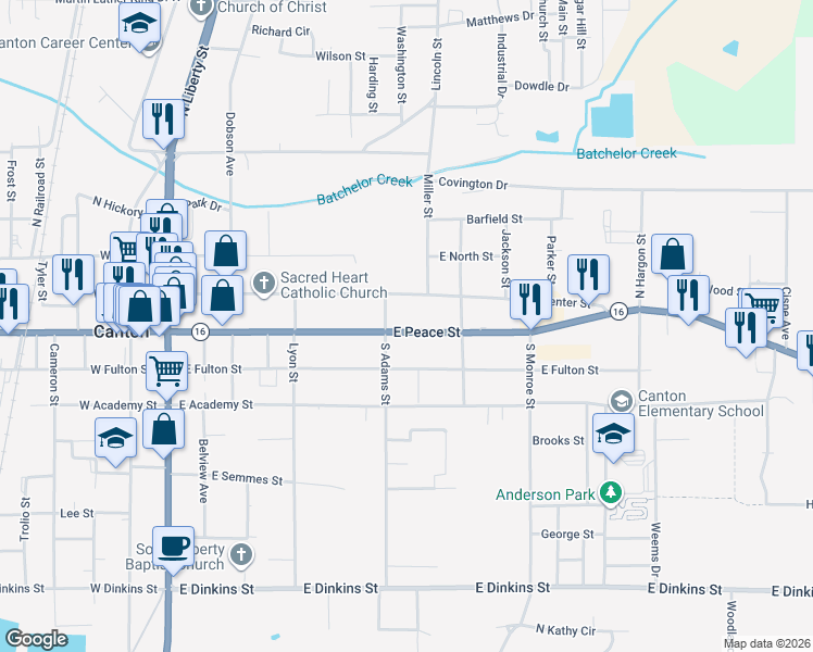 map of restaurants, bars, coffee shops, grocery stores, and more near 421 East Peace Street in Canton