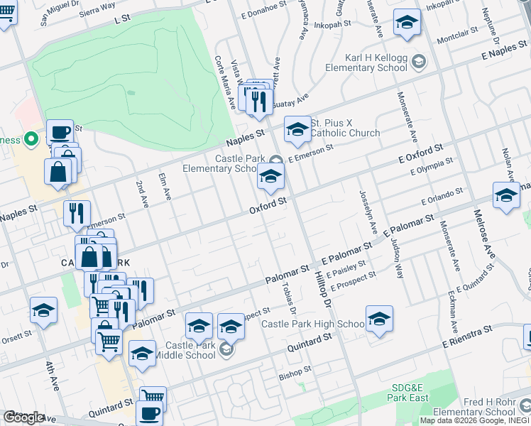 map of restaurants, bars, coffee shops, grocery stores, and more near 37 Oxford Street in Chula Vista