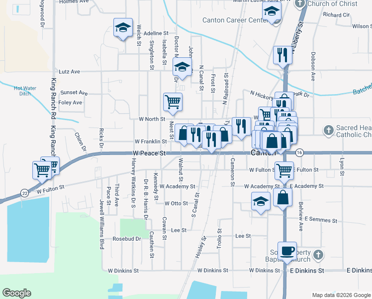 map of restaurants, bars, coffee shops, grocery stores, and more near 630 West Peace Street in Canton