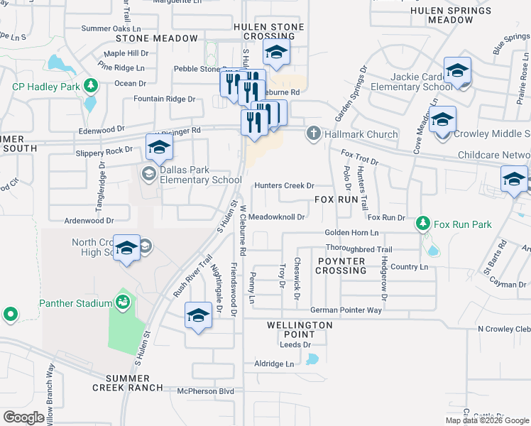 map of restaurants, bars, coffee shops, grocery stores, and more near 8728 Hunters Creek Court in Fort Worth