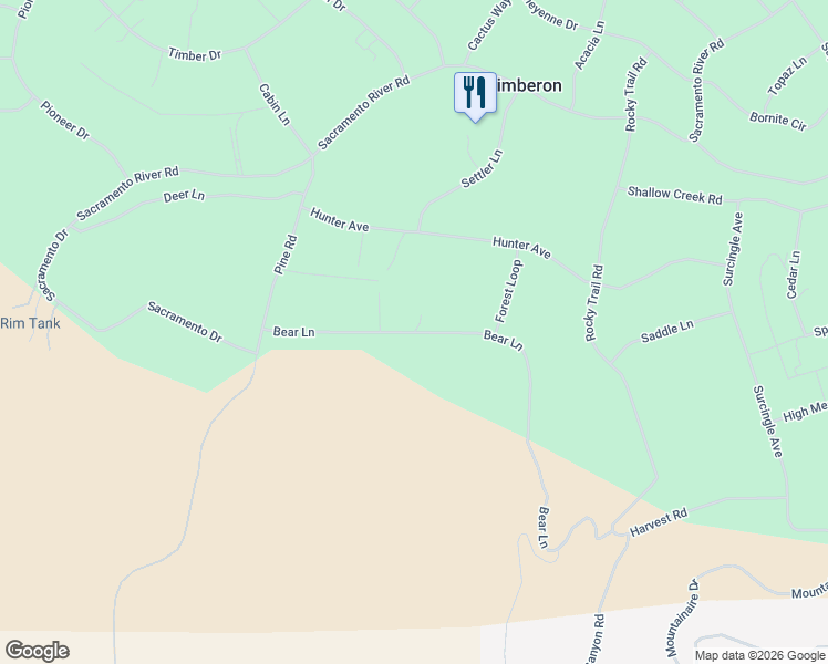 map of restaurants, bars, coffee shops, grocery stores, and more near Bear Lane in Timberon