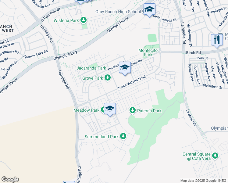map of restaurants, bars, coffee shops, grocery stores, and more near 1336 Santa Victoria Road in Chula Vista
