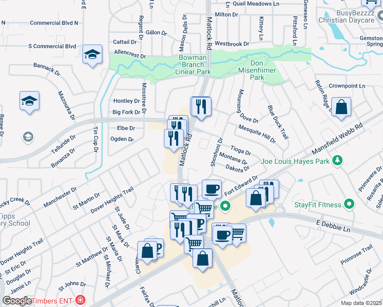 map of restaurants, bars, coffee shops, grocery stores, and more near 8131 Matlock Road in Arlington