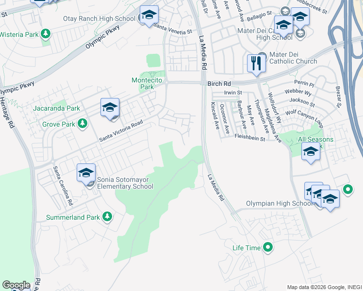 map of restaurants, bars, coffee shops, grocery stores, and more near 1658 Ortega Street in Chula Vista