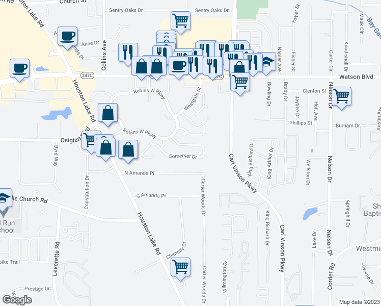 map of restaurants, bars, coffee shops, grocery stores, and more near 237 Somerset Drive in Warner Robins