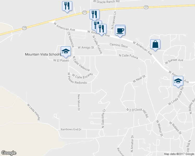 map of restaurants, bars, coffee shops, grocery stores, and more near 1925 West Paseo Redondo in Oracle