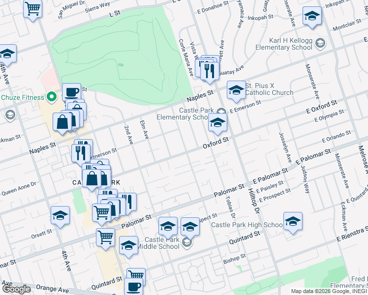 map of restaurants, bars, coffee shops, grocery stores, and more near 1186 1st Avenue in Chula Vista