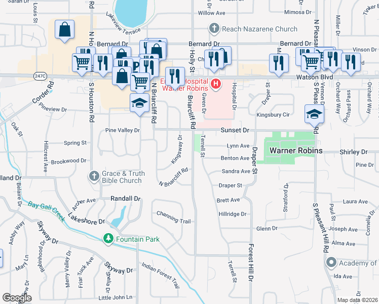 map of restaurants, bars, coffee shops, grocery stores, and more near 214 Briarcliff Road in Warner Robins