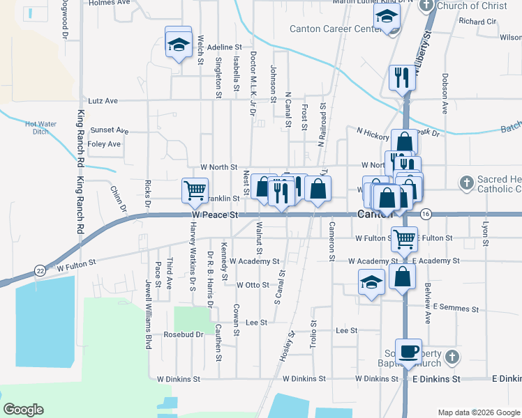 map of restaurants, bars, coffee shops, grocery stores, and more near 630 West Peace Street in Canton