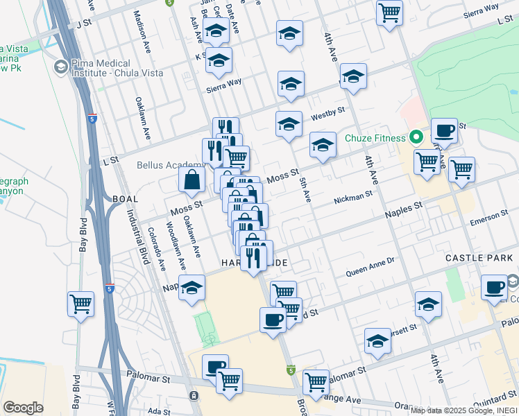 map of restaurants, bars, coffee shops, grocery stores, and more near 1025 Broadway in Chula Vista