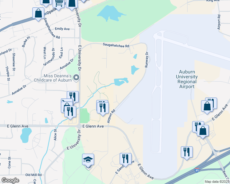 map of restaurants, bars, coffee shops, grocery stores, and more near 401 Airport Road in Auburn