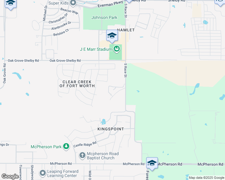 map of restaurants, bars, coffee shops, grocery stores, and more near 9700 South Race Street in Fort Worth
