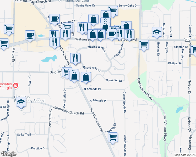 map of restaurants, bars, coffee shops, grocery stores, and more near 111 Pershing Place Court in Warner Robins