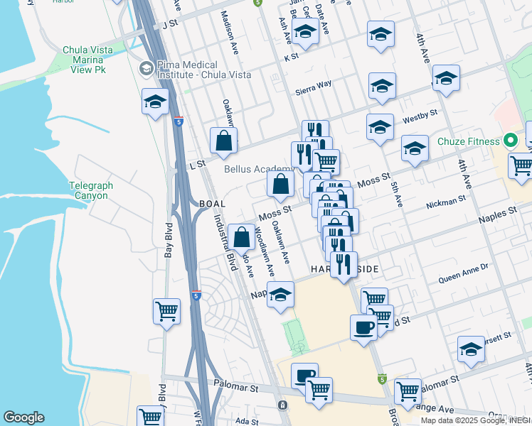 map of restaurants, bars, coffee shops, grocery stores, and more near 656 Moss Street in Chula Vista