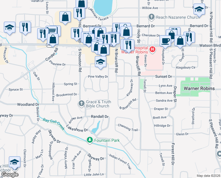 map of restaurants, bars, coffee shops, grocery stores, and more near 204 Pine Valley Drive in Warner Robins
