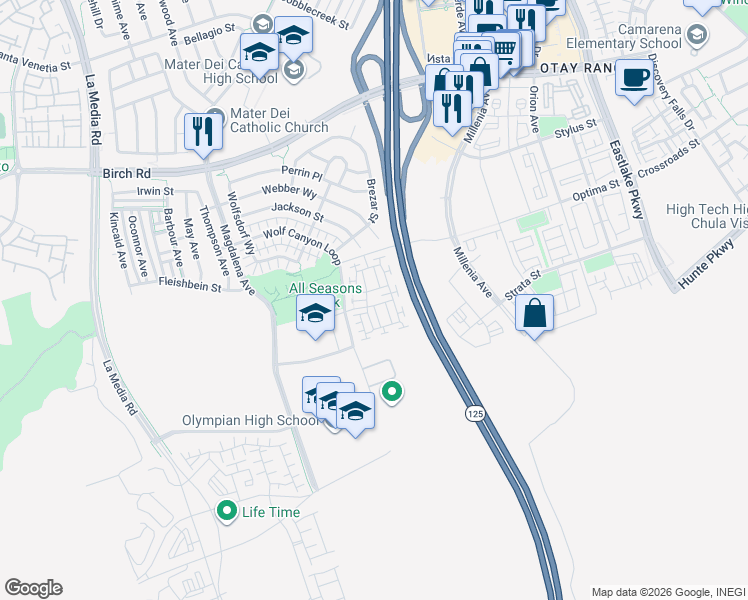 map of restaurants, bars, coffee shops, grocery stores, and more near 1824 Cyan Lane in Chula Vista