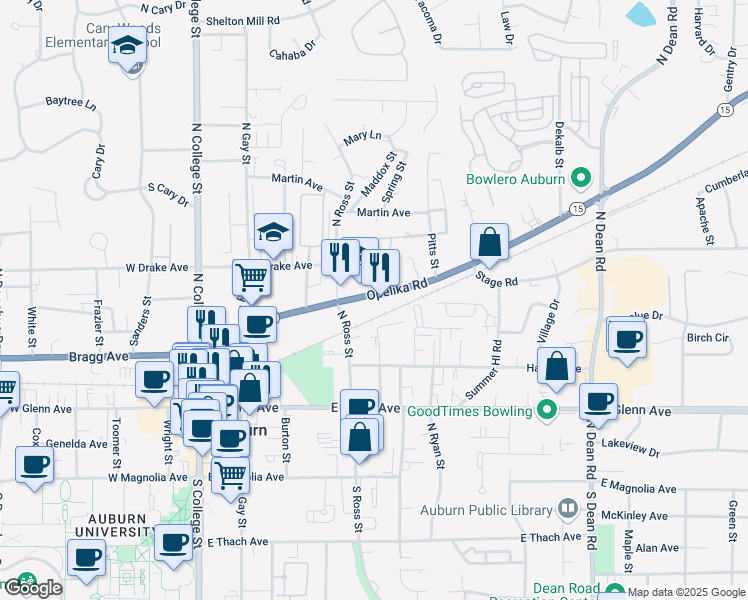 map of restaurants, bars, coffee shops, grocery stores, and more near 424 Alabama 14 in Auburn