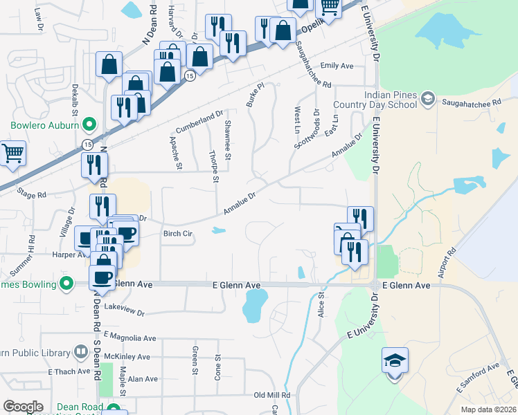 map of restaurants, bars, coffee shops, grocery stores, and more near 1250 Annalue Drive in Auburn
