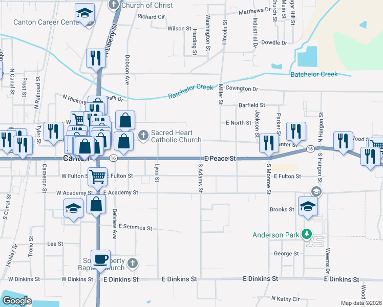 map of restaurants, bars, coffee shops, grocery stores, and more near 369 East Peace Street in Canton