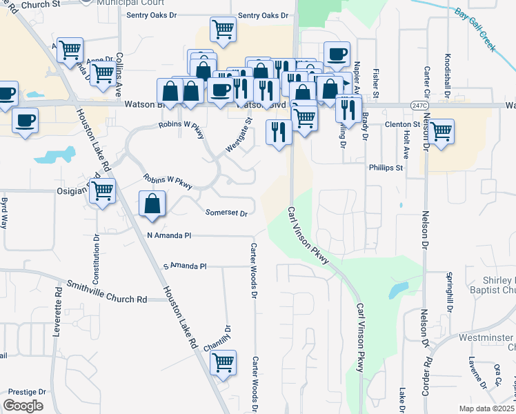 map of restaurants, bars, coffee shops, grocery stores, and more near 290 Somerset Drive in Warner Robins