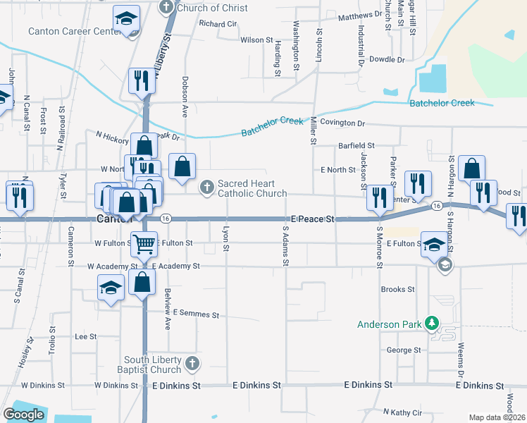 map of restaurants, bars, coffee shops, grocery stores, and more near 369 East Peace Street in Canton