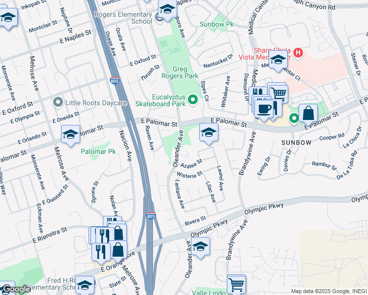 map of restaurants, bars, coffee shops, grocery stores, and more near 533 Hibiscus Court in Chula Vista