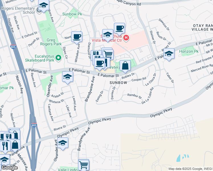 map of restaurants, bars, coffee shops, grocery stores, and more near 1423 Ewing Drive in Chula Vista