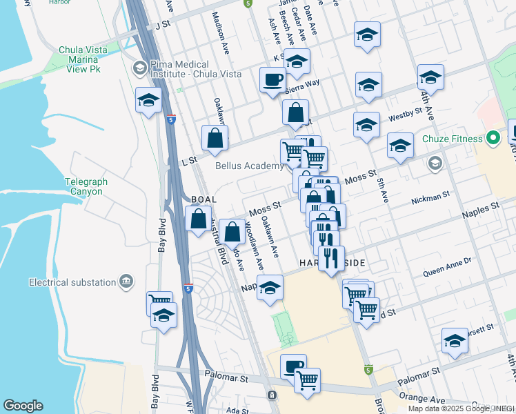 map of restaurants, bars, coffee shops, grocery stores, and more near 654 Moss Street in Chula Vista