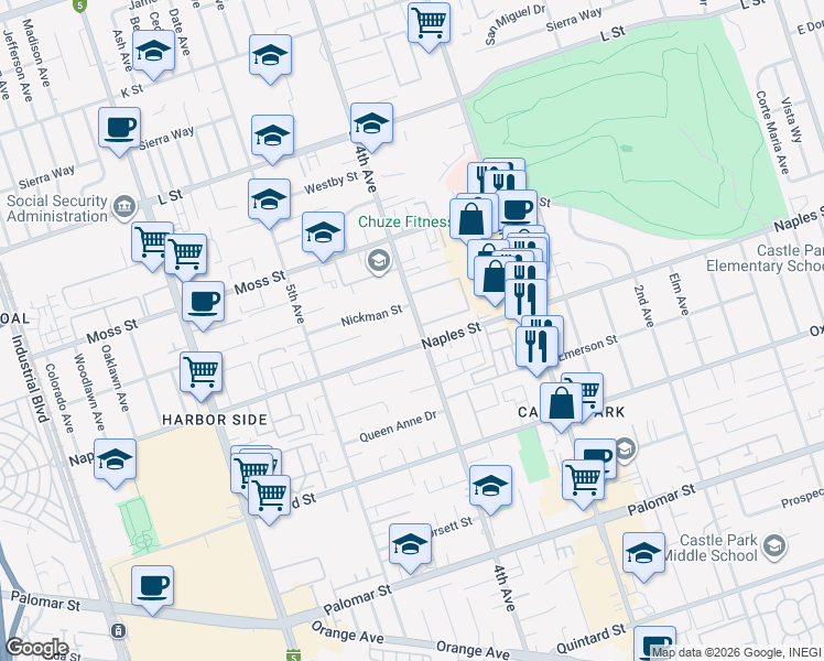map of restaurants, bars, coffee shops, grocery stores, and more near 1094 4th Avenue in Chula Vista