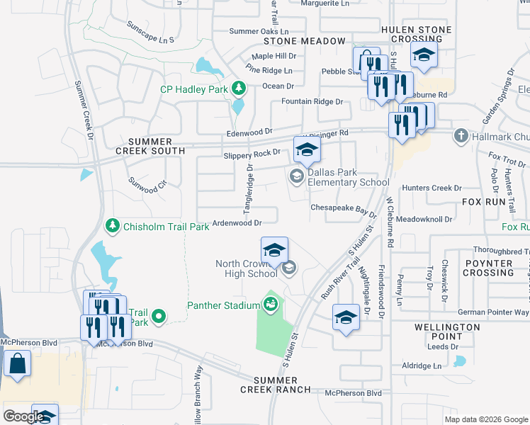 map of restaurants, bars, coffee shops, grocery stores, and more near 4649 Poplar Ridge Drive in Fort Worth