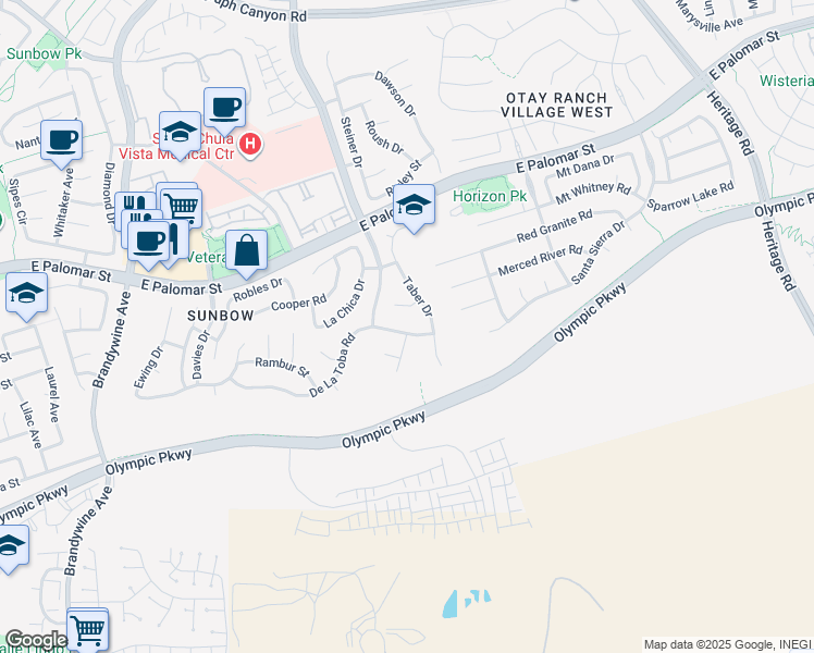 map of restaurants, bars, coffee shops, grocery stores, and more near 843 De La Toba Road in Chula Vista