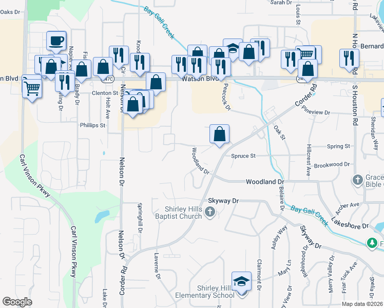 map of restaurants, bars, coffee shops, grocery stores, and more near 442 Woodland Drive in Warner Robins