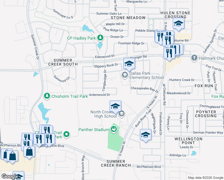map of restaurants, bars, coffee shops, grocery stores, and more near 4649 Poplar Ridge Drive in Fort Worth