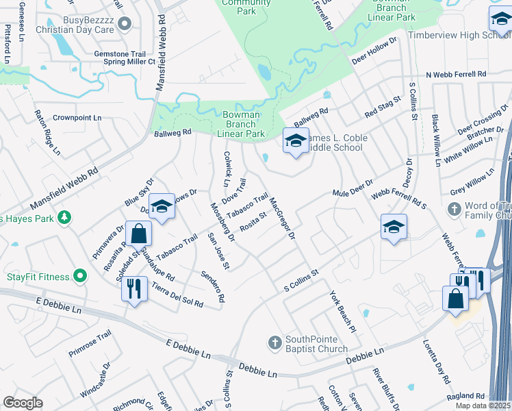 map of restaurants, bars, coffee shops, grocery stores, and more near 1022 Tabasco Trail in Arlington