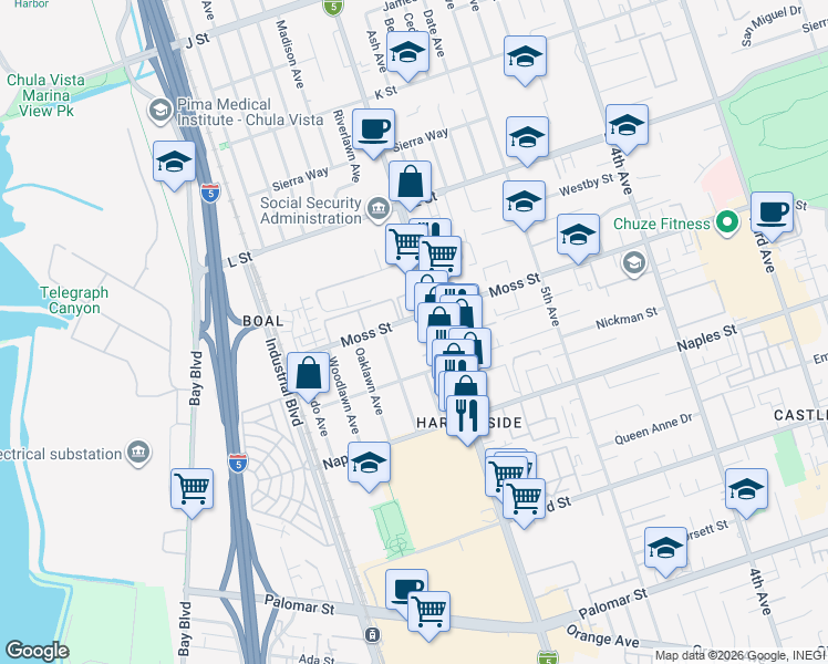 map of restaurants, bars, coffee shops, grocery stores, and more near 625 Moss Street in Chula Vista