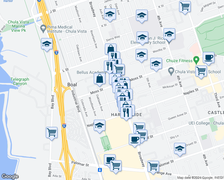 map of restaurants, bars, coffee shops, grocery stores, and more near 615 Moss Street in Chula Vista