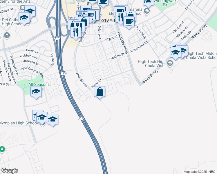 map of restaurants, bars, coffee shops, grocery stores, and more near 2056 Callisto Terrace in Chula Vista