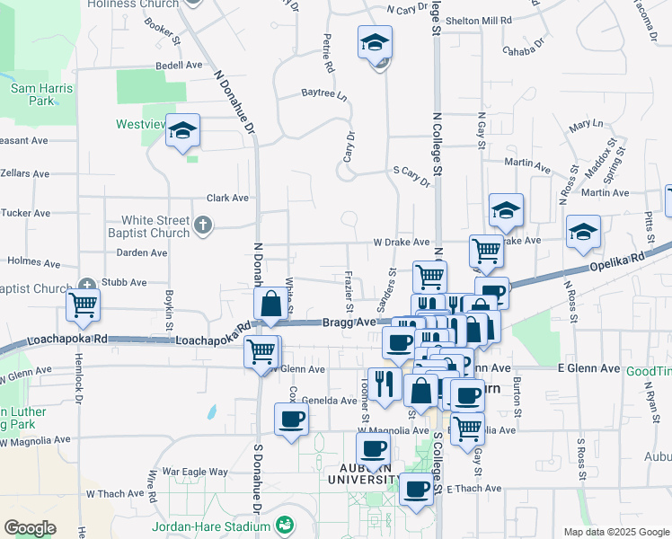 map of restaurants, bars, coffee shops, grocery stores, and more near 311 Williams Street in Auburn