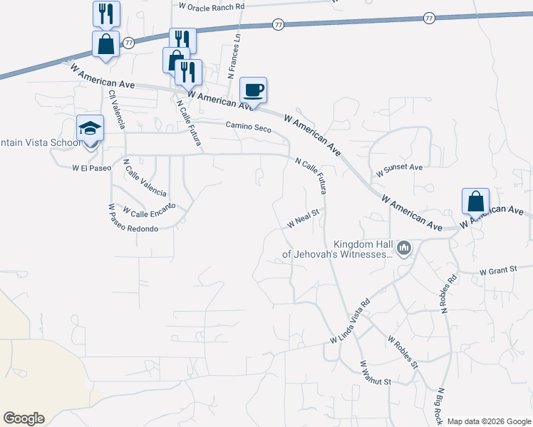map of restaurants, bars, coffee shops, grocery stores, and more near 1646 North Calle Futura in Oracle