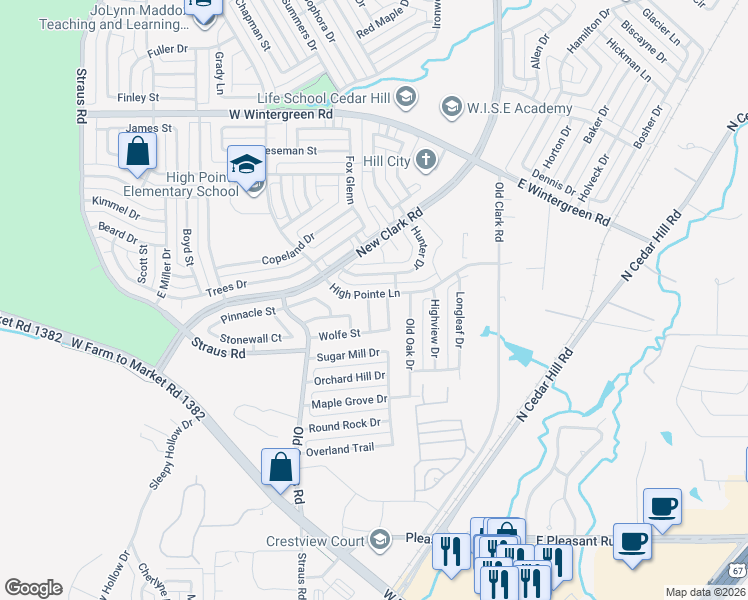 map of restaurants, bars, coffee shops, grocery stores, and more near 202 Ridgecrest Drive in Cedar Hill