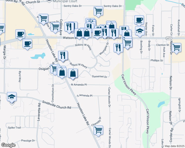 map of restaurants, bars, coffee shops, grocery stores, and more near 207 Somerset Dr in Warner Robins