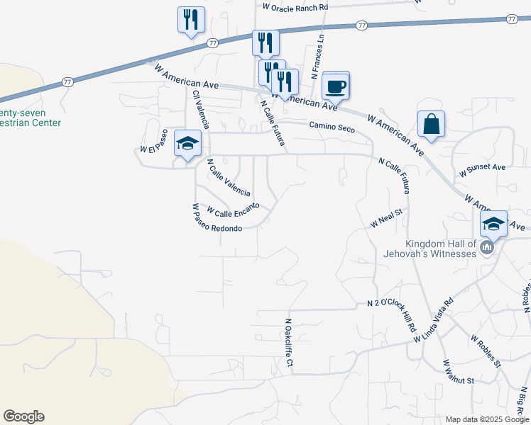 map of restaurants, bars, coffee shops, grocery stores, and more near 1925 West Paseo Redondo in Oracle