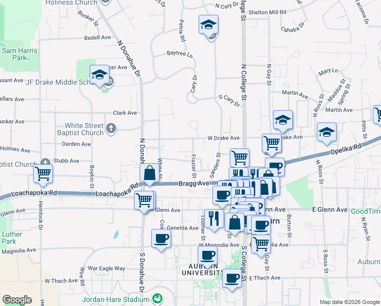 map of restaurants, bars, coffee shops, grocery stores, and more near 311 Williams Street in Auburn