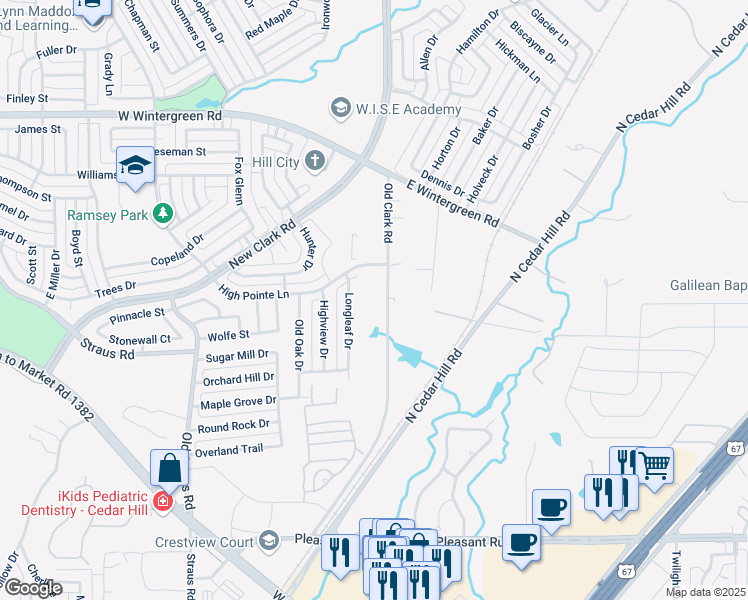 map of restaurants, bars, coffee shops, grocery stores, and more near 1223 Old Clark Rd in Cedar Hill