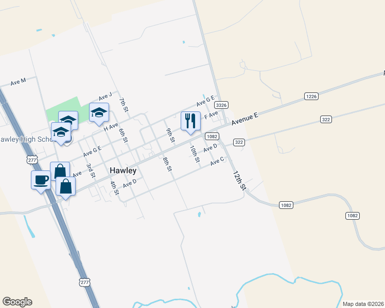 map of restaurants, bars, coffee shops, grocery stores, and more near 410 10th Street in Hawley