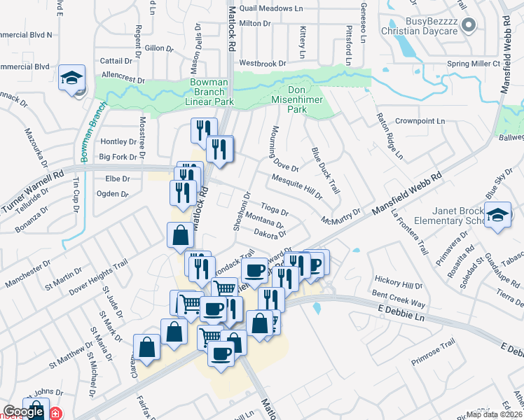 map of restaurants, bars, coffee shops, grocery stores, and more near 314 Tioga Drive in Arlington