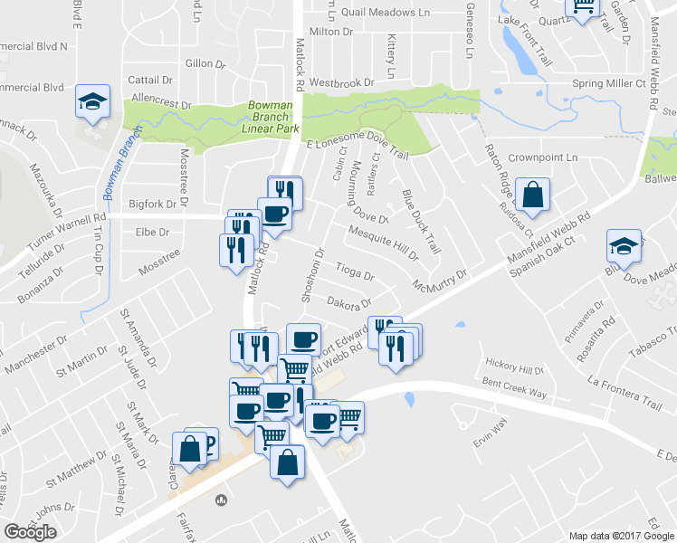 map of restaurants, bars, coffee shops, grocery stores, and more near 314 Tioga Drive in Arlington