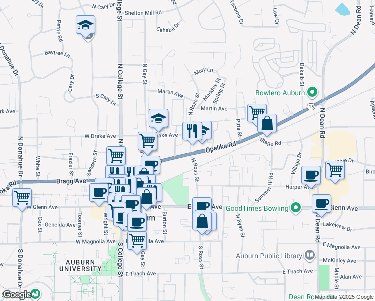 map of restaurants, bars, coffee shops, grocery stores, and more near 327 Opelika Road in Auburn