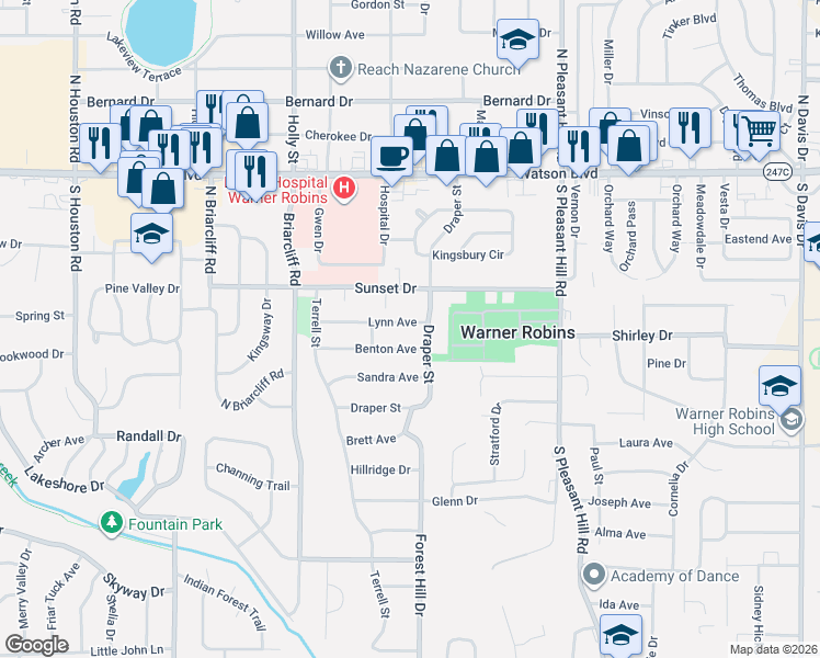 map of restaurants, bars, coffee shops, grocery stores, and more near 101 Lynn Avenue in Warner Robins